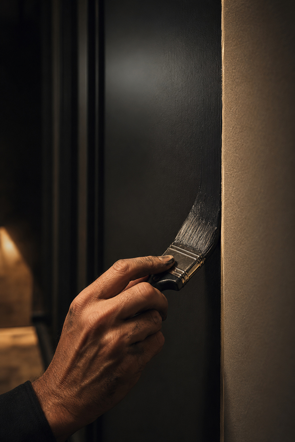 Close-up of a brush laying dark paint with precision