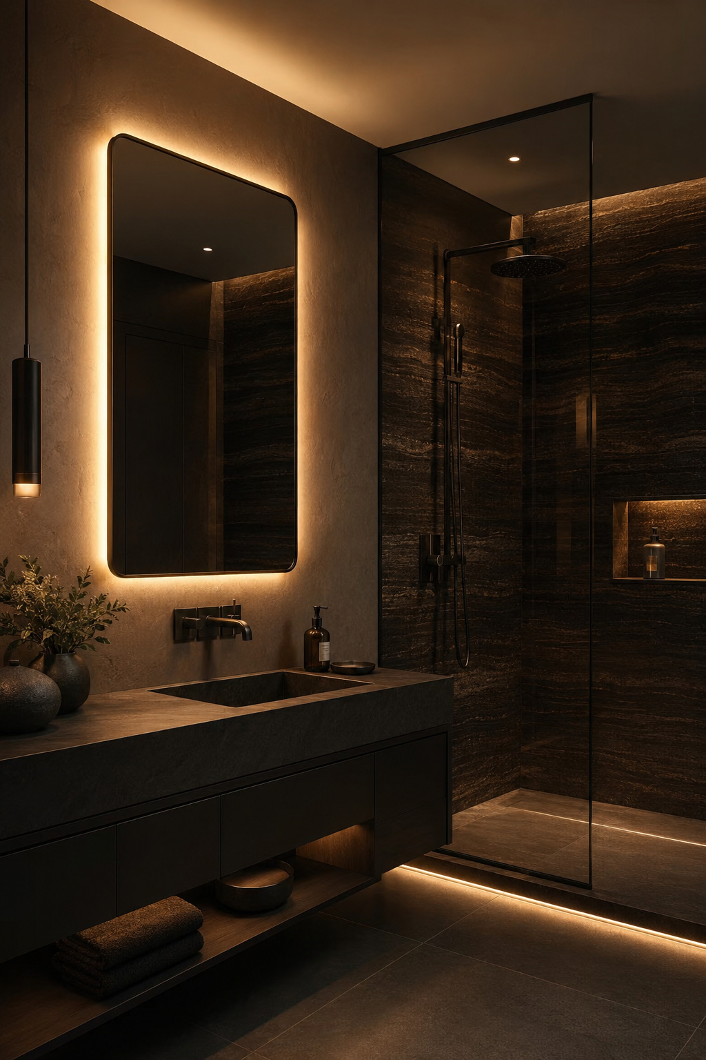 Backlit bathroom vanity with dark wood shower wall