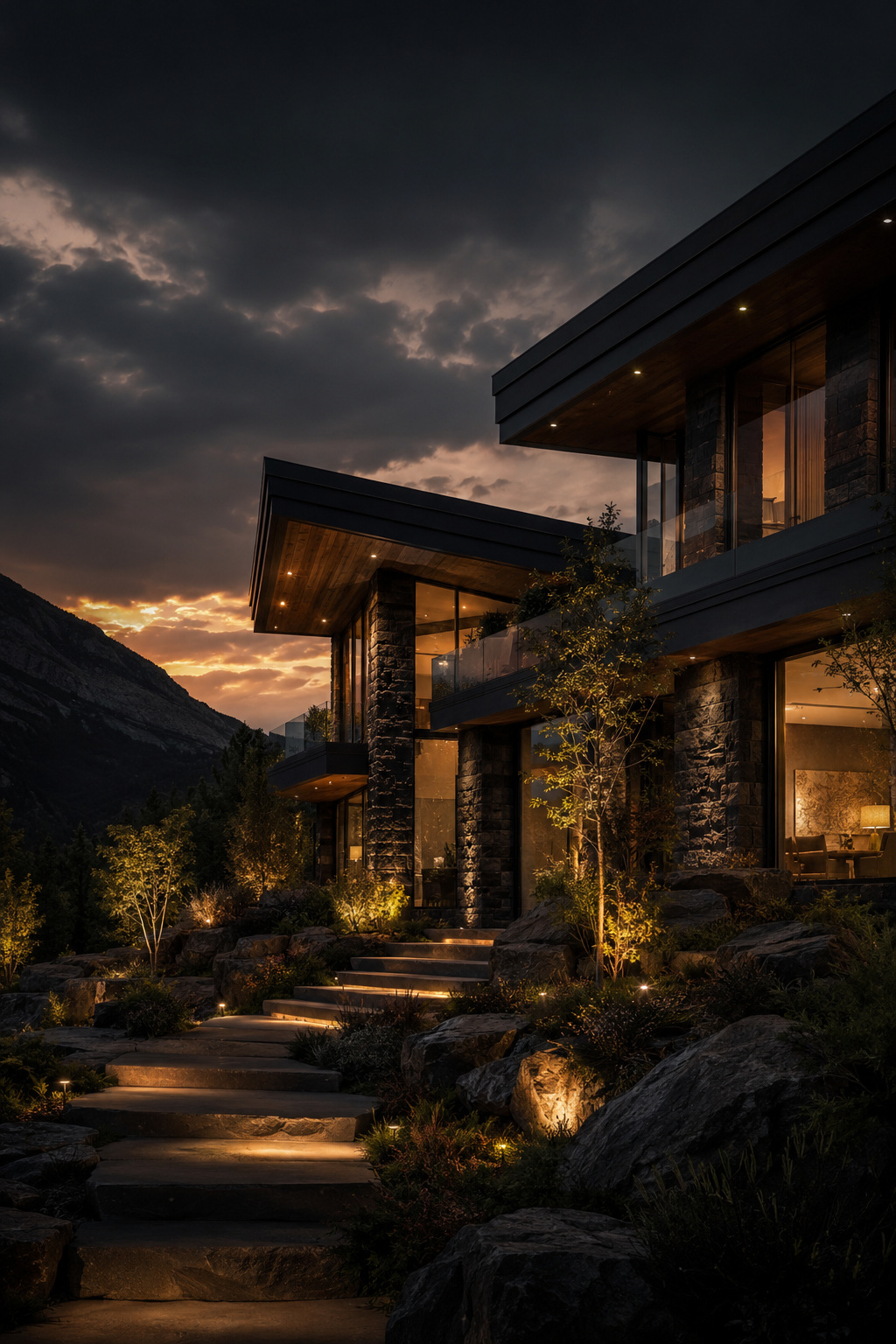 Stone luxury home glowing at dusk
