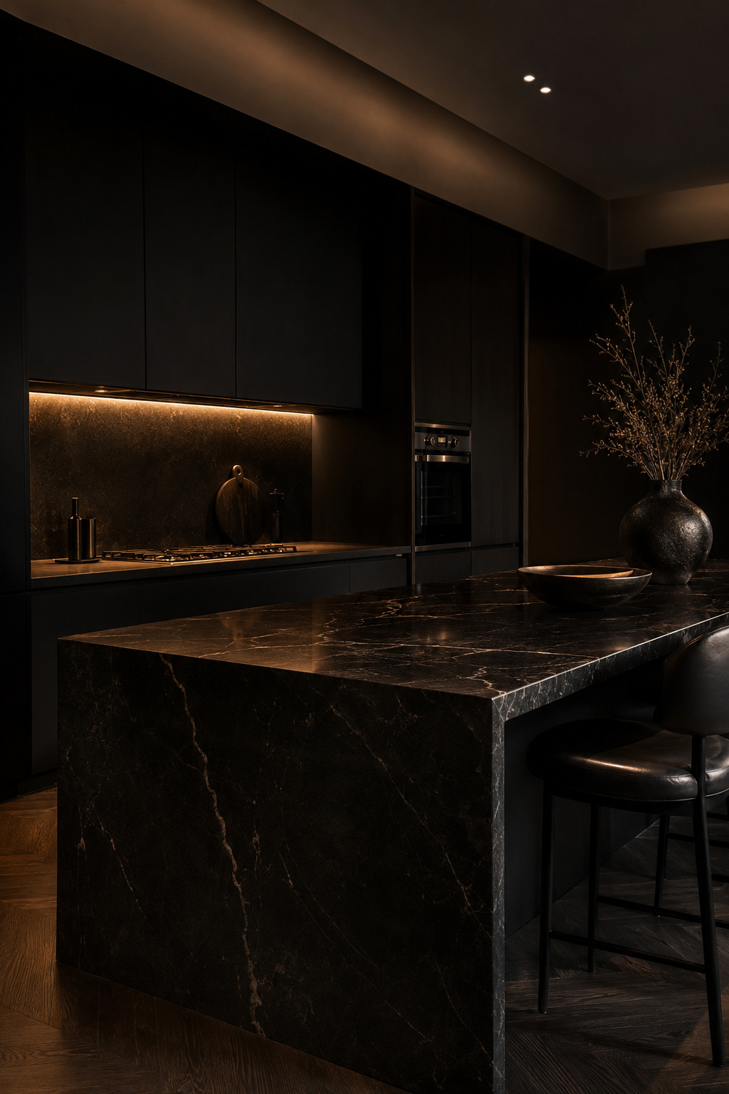 Dark moody kitchen with under-cabinet lighting