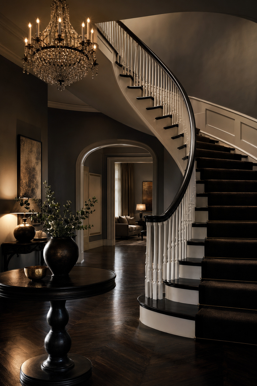 Curved staircase with chandelier in a grand entryway
