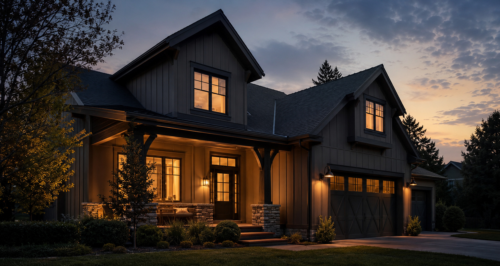 Modern home exterior at dusk
